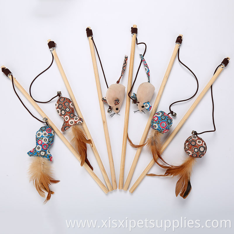Newstyle Ball Pole Cats Rods Plaything Fish and Mouse Wooden with Feather for Cats Cat Teaser Interactive Toys Pet Toys Opp Bag